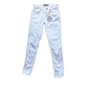 Zara White Skinny Jeans Gold Studs Ankle Zips